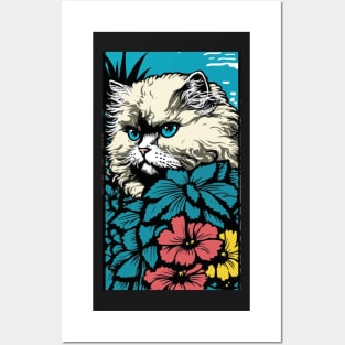 Persian Cat Vibrant Tropical Flower Tall Retro Vintage Digital Pop Art Portrait 3 Posters and Art